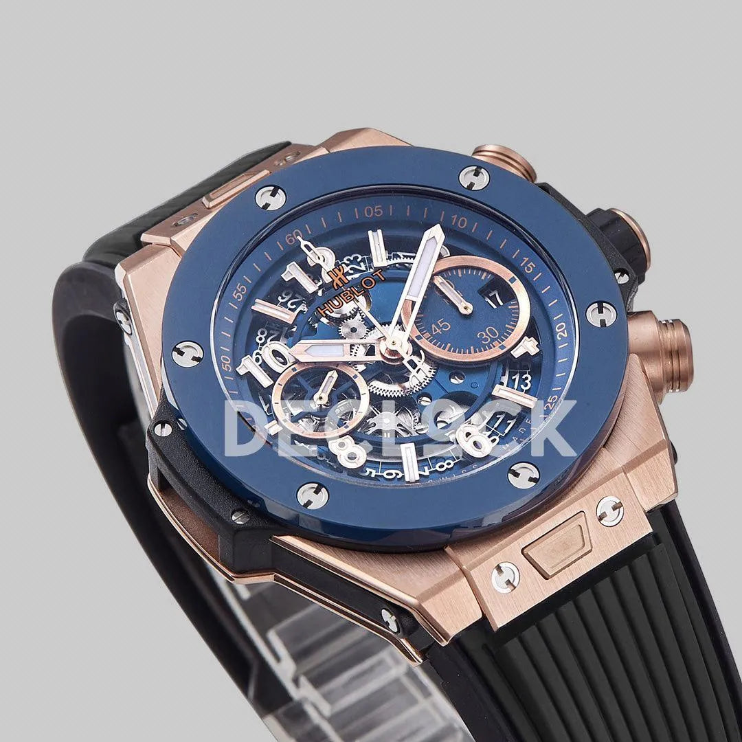 Replica Hublot Big Bang Unico Rose Gold Blue Ceramic Bezel on Black Rubber Strap