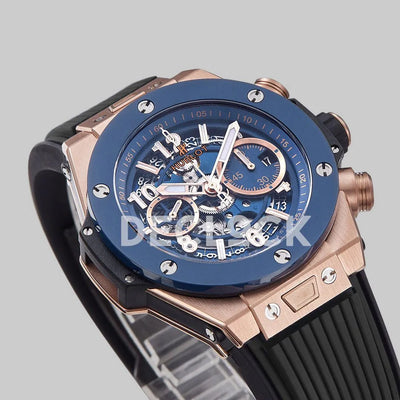 Replica Hublot Big Bang Unico Rose Gold Blue Ceramic Bezel on Black Rubber Strap