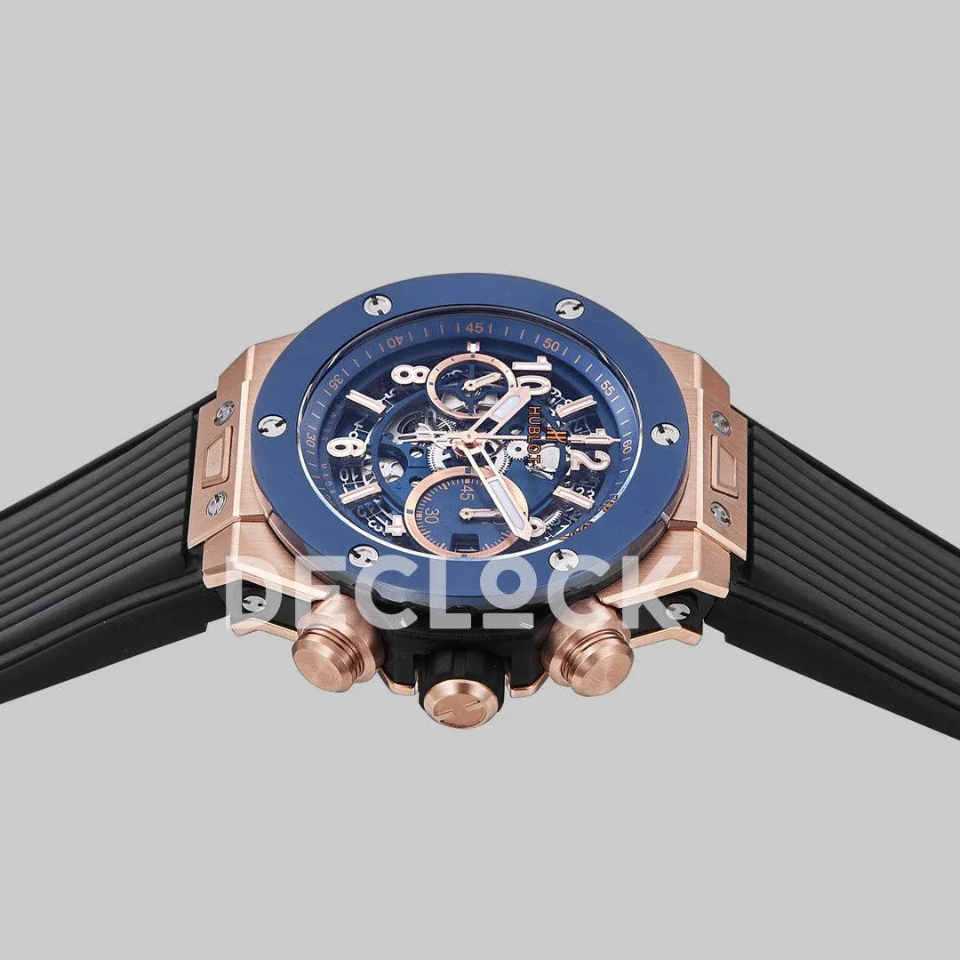 Replica Hublot Big Bang Unico Rose Gold Blue Ceramic Bezel on Black Rubber Strap - Replica Watches