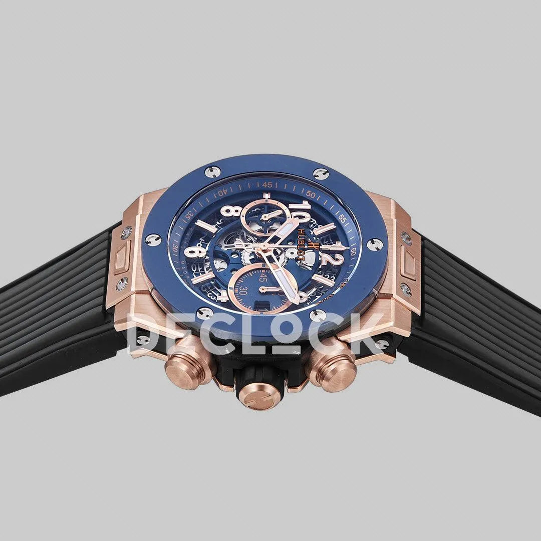 Replica Hublot Big Bang Unico Rose Gold Blue Ceramic Bezel on Black Rubber Strap