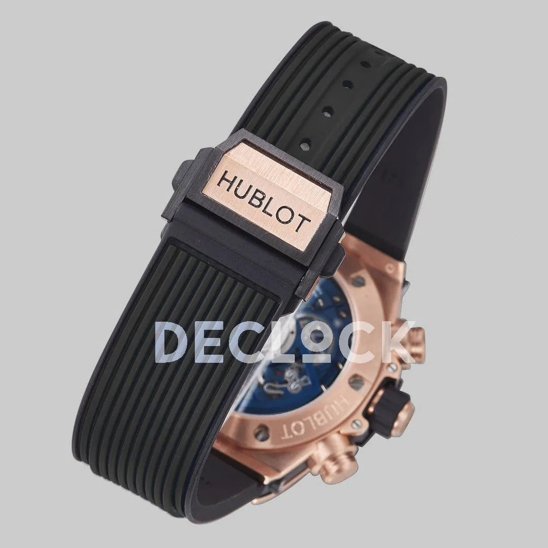 Replica Hublot Big Bang Unico Rose Gold Blue Ceramic Bezel on Black Rubber Strap