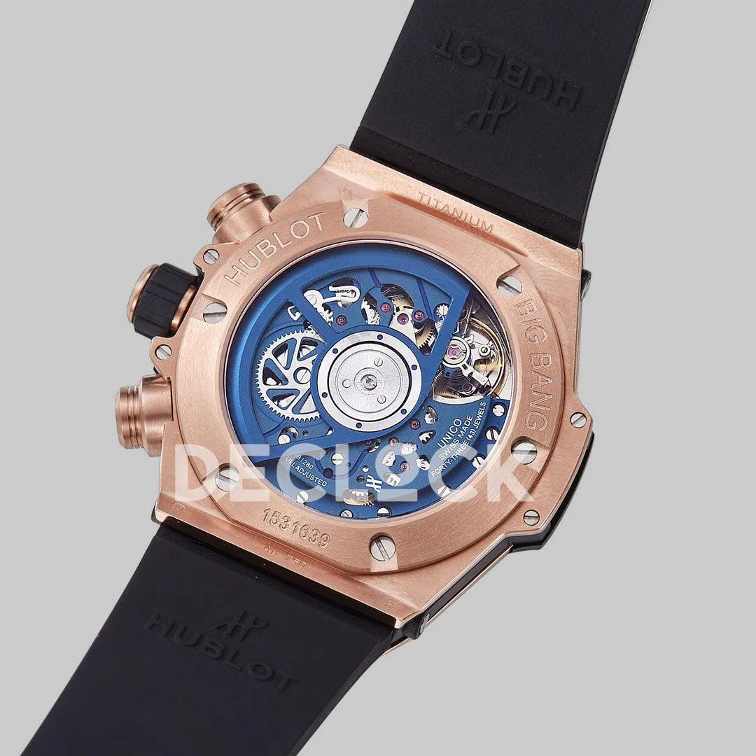 Replica Hublot Big Bang Unico Rose Gold Blue Ceramic Bezel on Black Rubber Strap