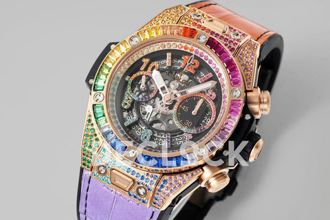 Replica Hublot Big Bang Unico Rose Gold Rainbow King Rainbow Gummy Strap - Replica Watches