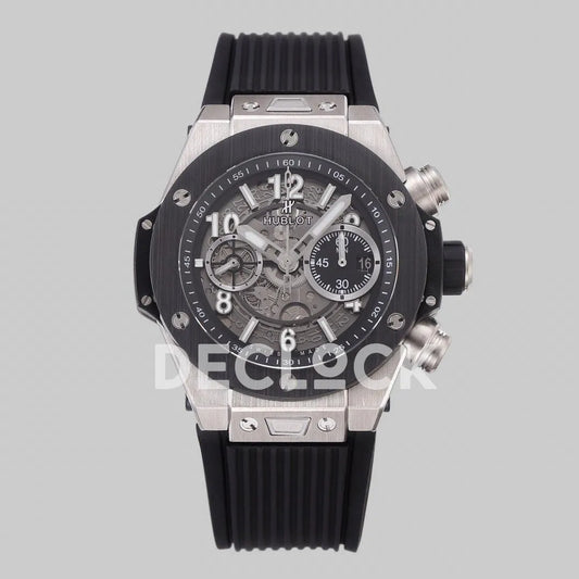 Replica Hublot Big Bang Unico Steel Black Ceramic Bezel on Black Rubber Strap
