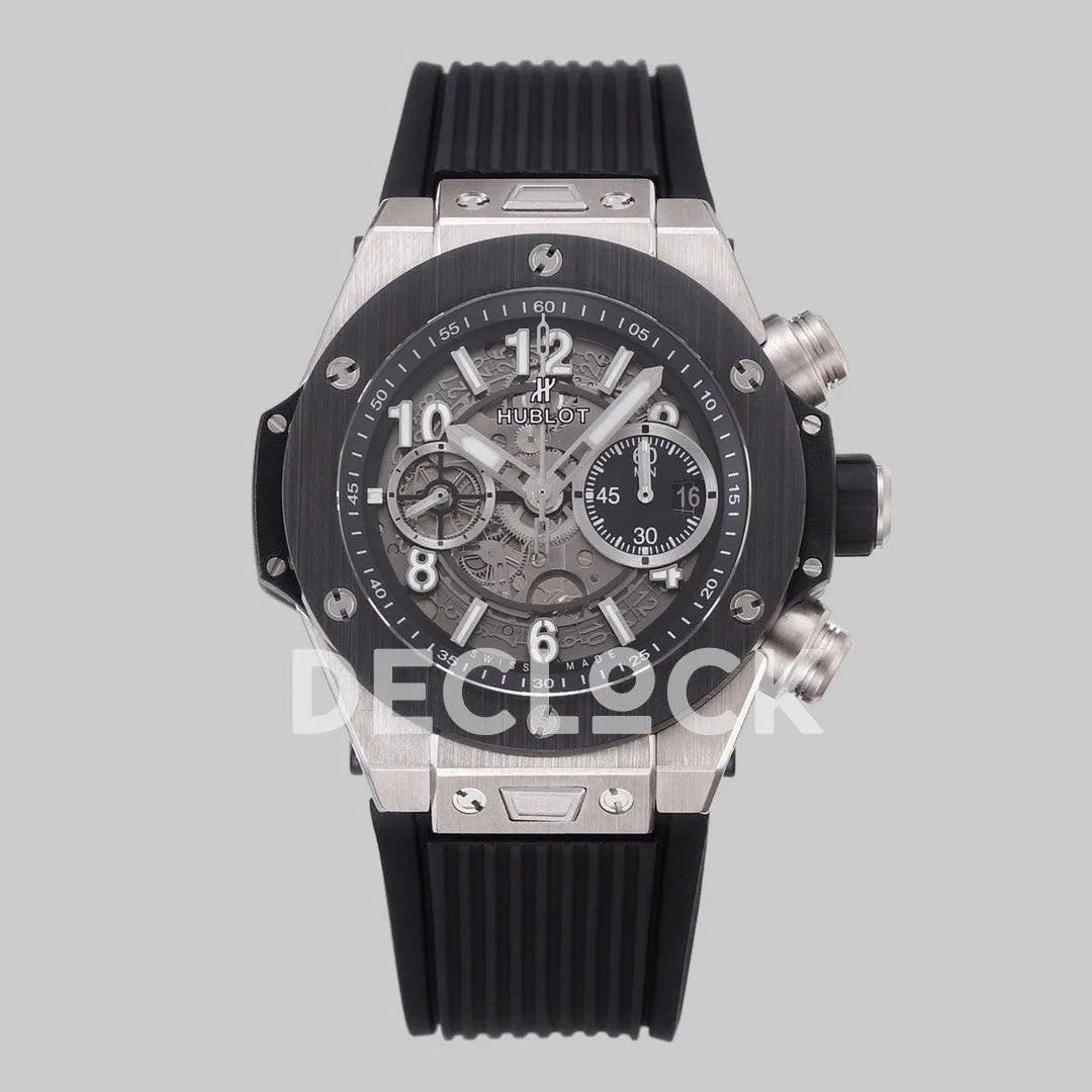 Replica Hublot Big Bang Unico Steel Black Ceramic Bezel on Black Rubber Strap