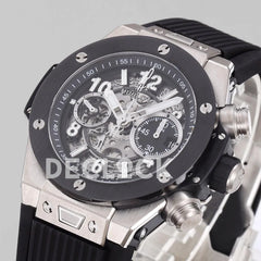 Replica Hublot Big Bang Unico Steel Black Ceramic Bezel on Black Rubber Strap