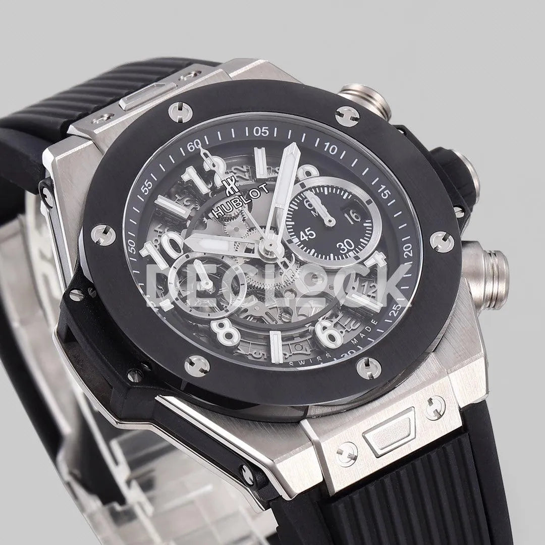 Replica Hublot Big Bang Unico Steel Black Ceramic Bezel on Black Rubber Strap