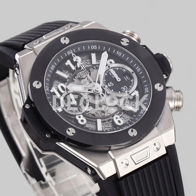 Replica Hublot Big Bang Unico Steel Black Ceramic Bezel on Black Rubber Strap