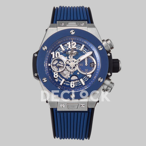 Replica Hublot Big Bang Unico Steel Blue Ceramic Bezel on Blue Rubber Strap - Replica Watches