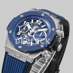 Replica Hublot Big Bang Unico Steel Blue Ceramic Bezel on Blue Rubber Strap