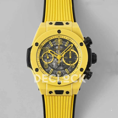 Replica Hublot Big Bang Unico Yellow Magic Ceramic Skeleton Dial on Blue Rubber Strap