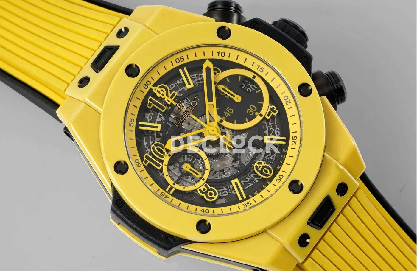 Replica Hublot Big Bang Unico Yellow Magic Ceramic Skeleton Dial on Blue Rubber Strap