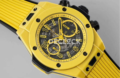 Replica Hublot Big Bang Unico Yellow Magic Ceramic Skeleton Dial on Blue Rubber Strap