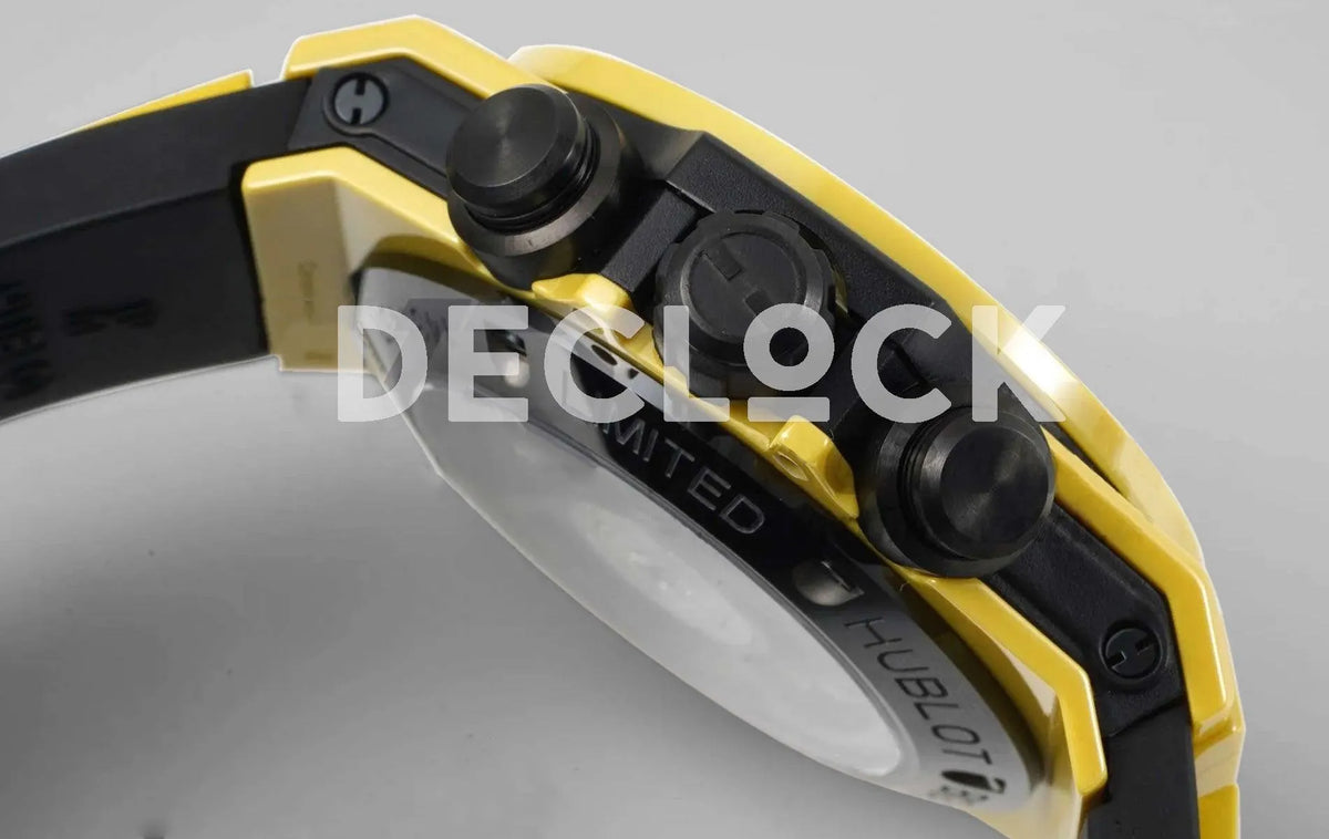 Replica Hublot Big Bang Unico Yellow Magic Ceramic Skeleton Dial on Blue Rubber Strap