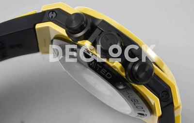Replica Hublot Big Bang Unico Yellow Magic Ceramic Skeleton Dial on Blue Rubber Strap
