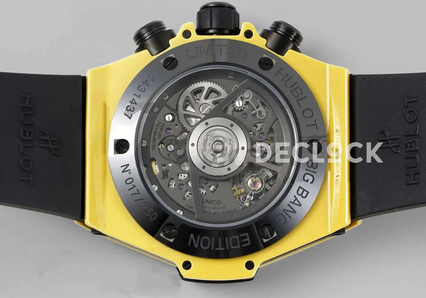 Replica Hublot Big Bang Unico Yellow Magic Ceramic Skeleton Dial on Blue Rubber Strap