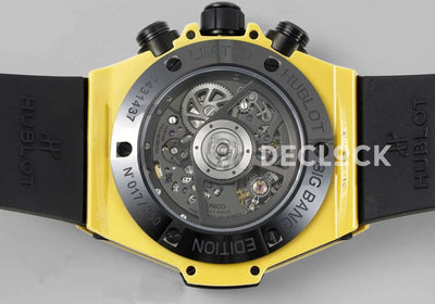 Replica Hublot Big Bang Unico Yellow Magic Ceramic Skeleton Dial on Blue Rubber Strap