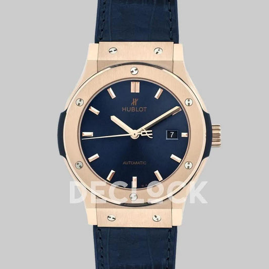 Replica Hublot Classic Fusion Automatic 42mm Blue Dial in Rose Gold |  Declock.
