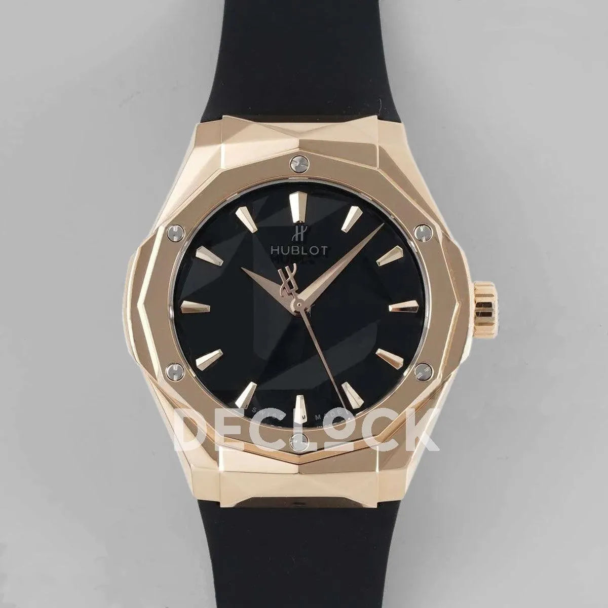 Replica Hublot Classic Fusion Orlinski Rose Gold in Black Faceted Dial on Black Rubber Strap