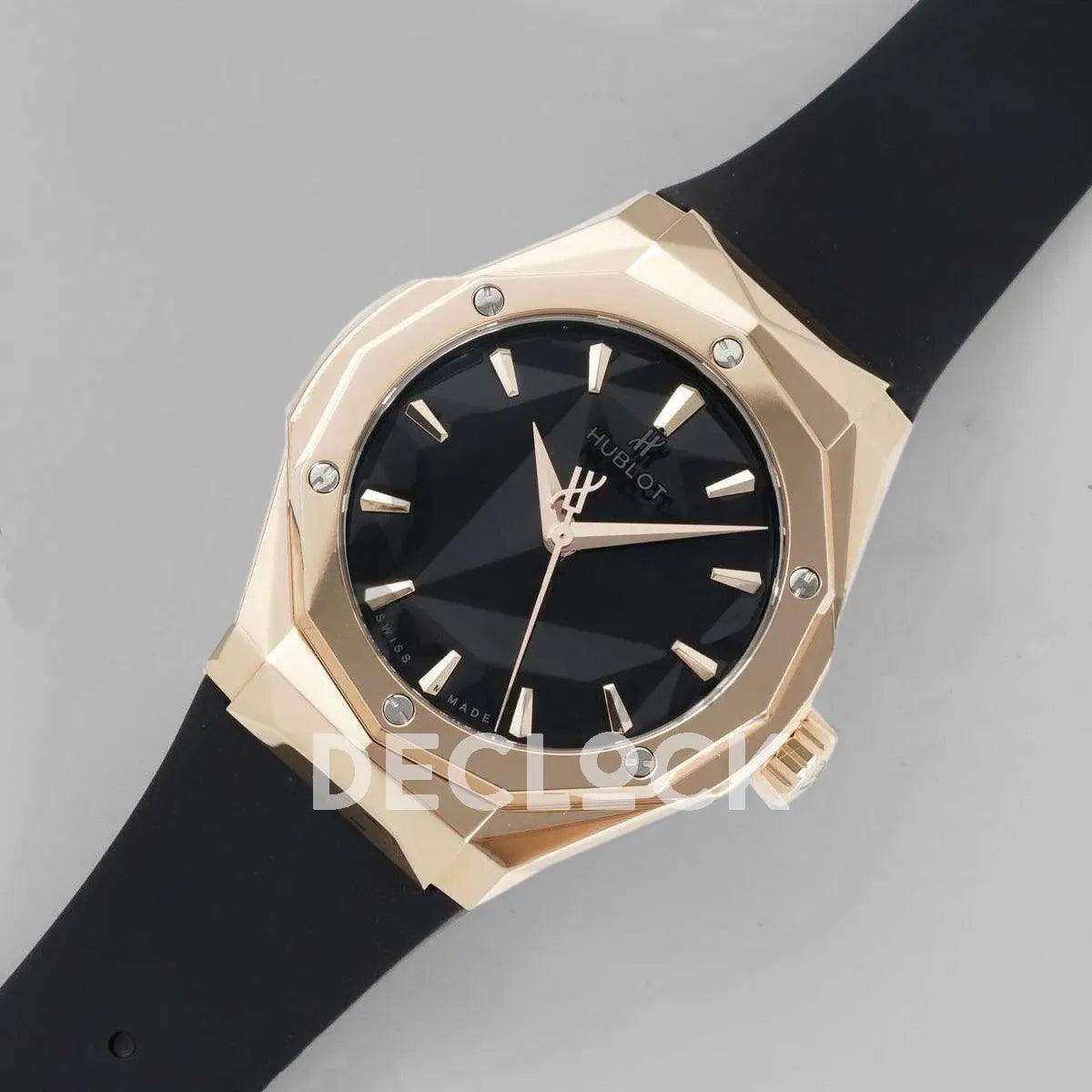 Replica Hublot Classic Fusion Orlinski Rose Gold in Black Faceted Dial on Black Rubber Strap