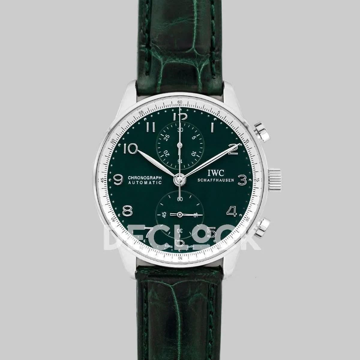Replica IWC Portugieser Chronograph Edition 150 Years IW3716 Green Dial in Steel |  Declock.