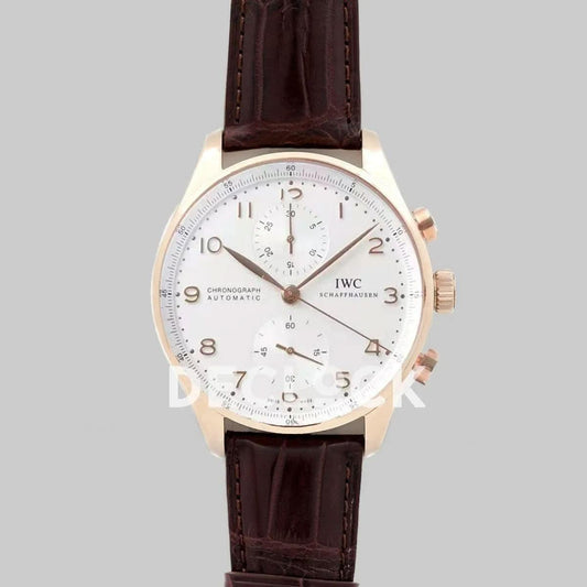 Replica IWC Portugieser Chronograph IW371611 White Dial in Rose Gold |  Declock.