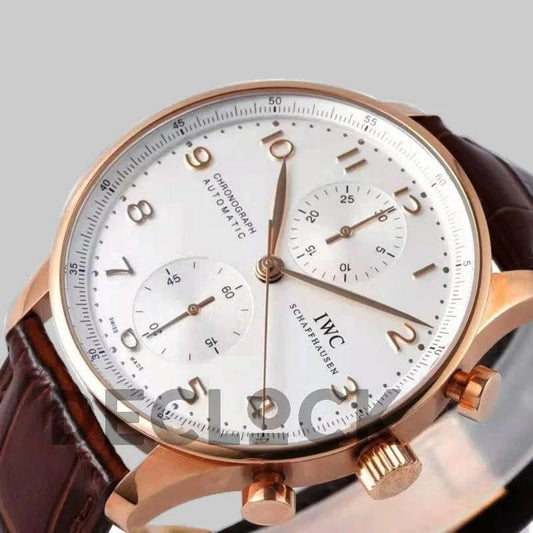 Replica IWC Portugieser Chronograph IW371611 White Dial in Rose Gold | Declock.