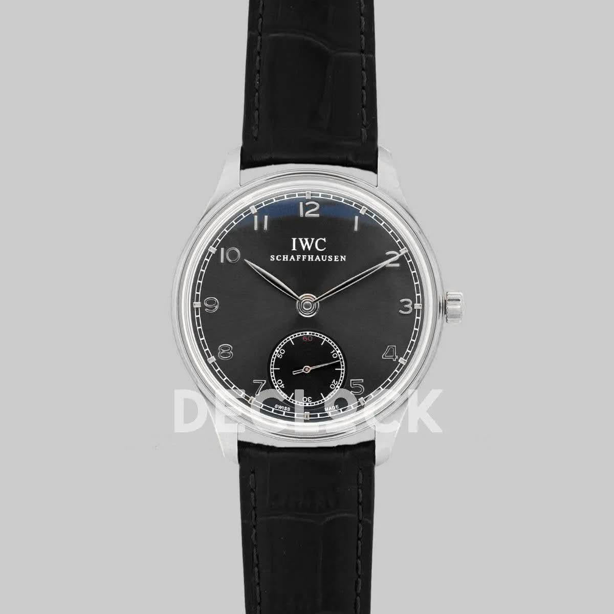 Replica IWC Portuguese Hand Wound Eight Days IW510202 Black Dial in Steel |  Declock.