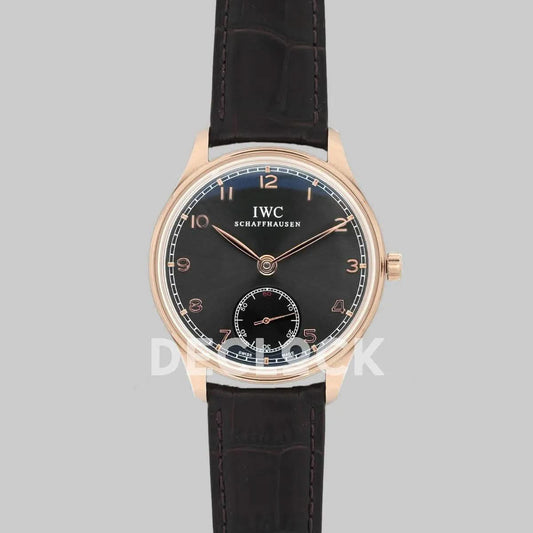 Replica IWC Portuguese Hand Wound Eight Days IW545406 Black Dial in Rose Gold |  Declock.