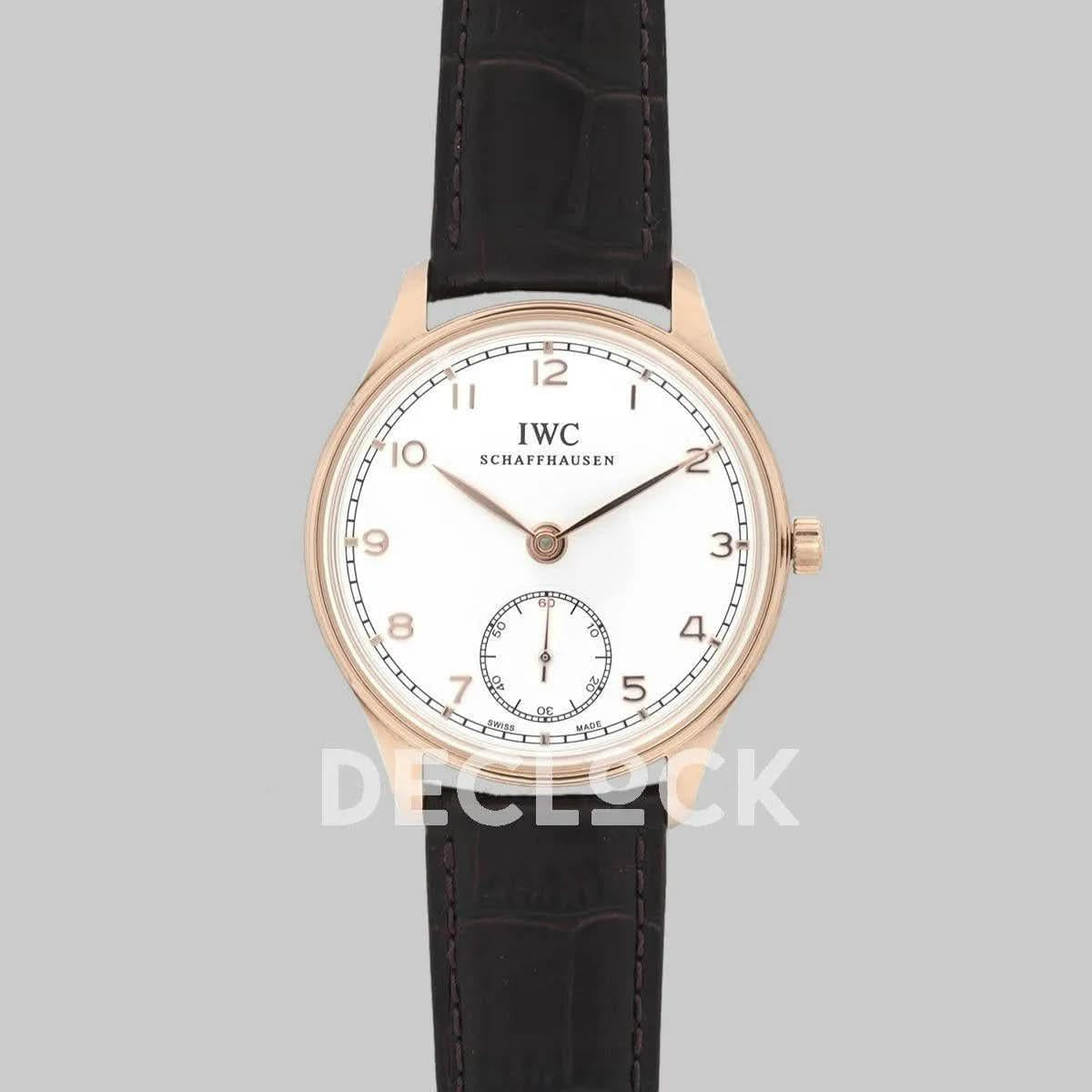 Replica IWC Portuguese Hand Wound Eight Days IW545409 White Dial in Rose Gold |  Declock.