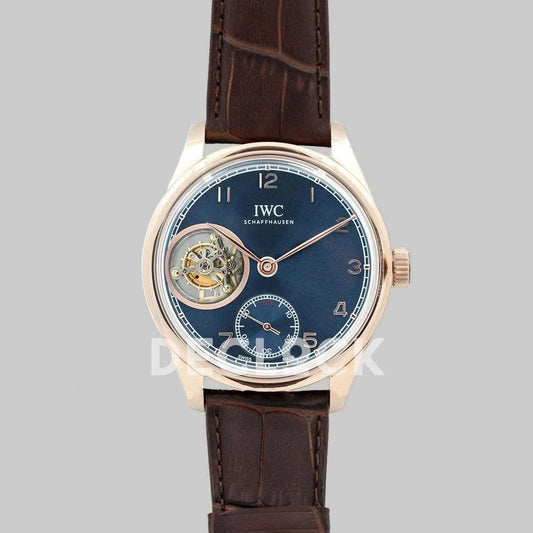 Replica IWC Portuguese Tourbillon Hand Wound IW5463 Blue Dial in Rose Gold |  Declock.
