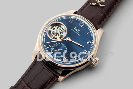 Replica IWC Portuguese Tourbillon Hand Wound IW5463 Blue Dial in Rose Gold | Declock.