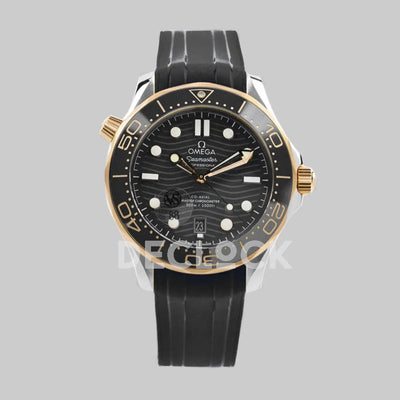 Replica Omega Seamaster Diver 300m Omega Co-Axial Master Chronometer 42mm Black Dial with Black Bezel in Steel/Yellow Gold on Rubber Strap