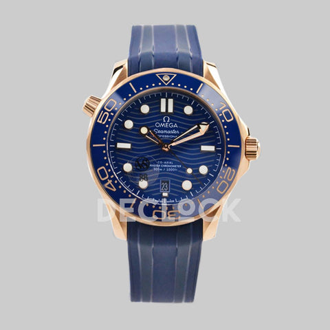 Replica Omega Seamaster Diver 300m Omega Co-Axial Master Chronometer 42mm Blue Dial with Blue Bezel in Steel/Rose Gold on Rubber Strap - Replica Watches