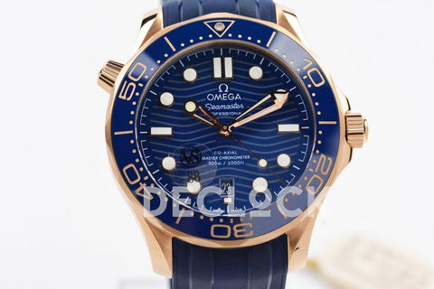 Replica Omega Seamaster Diver 300m Omega Co-Axial Master Chronometer 42mm Blue Dial with Blue Bezel in Steel/Rose Gold on Rubber Strap - Replica Watches