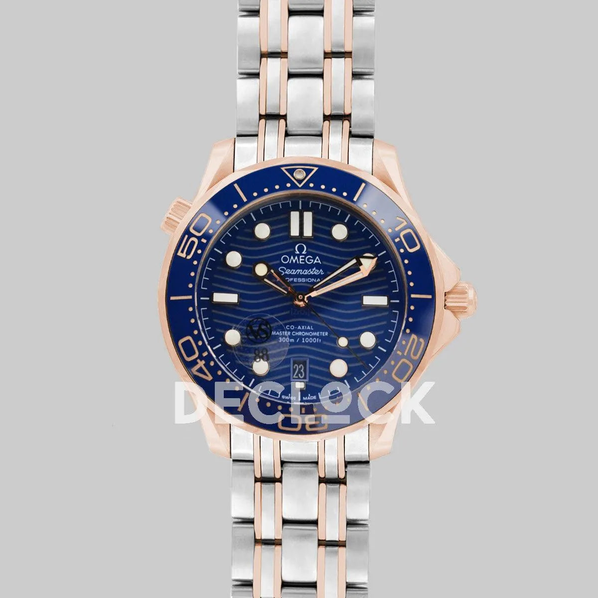 Replica Omega Seamaster Diver 300m Omega Co-Axial Master Chronometer 42mm Blue Dial with Blue Bezel in Steel/Rose Gold