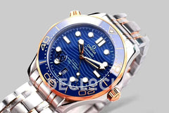 Replica Omega Seamaster Diver 300m Omega Co-Axial Master Chronometer 42mm Blue Dial with Blue Bezel in Steel/Rose Gold