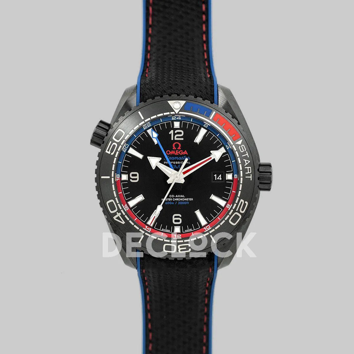 Replica Omega Seamaster Planet Ocean GMT “Deep Black” Red/Blue Ceramic - Replica Watches