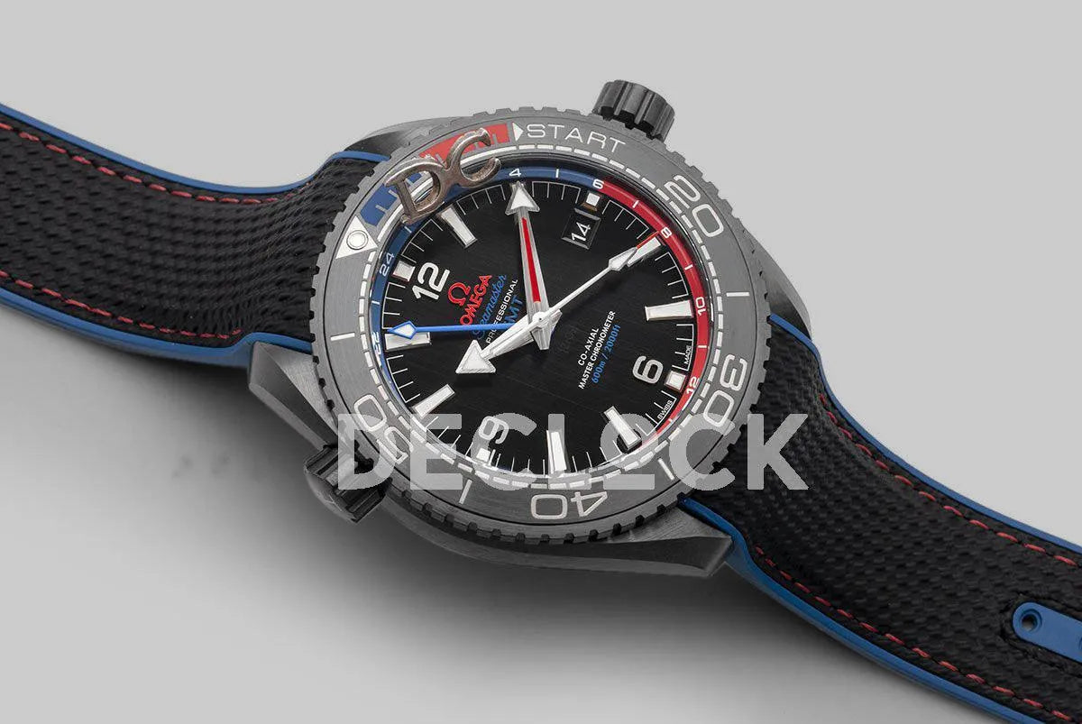 Replica Omega Seamaster Planet Ocean GMT “Deep Black” Red/Blue Ceramic - Replica Watches