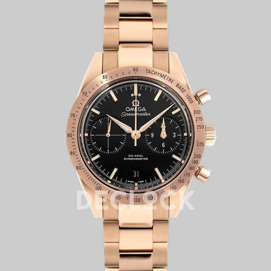 Replica Omega Speedmaster ’57 Co-Axial Black Dial in Rose Gold on Bracelet |  Declock.
