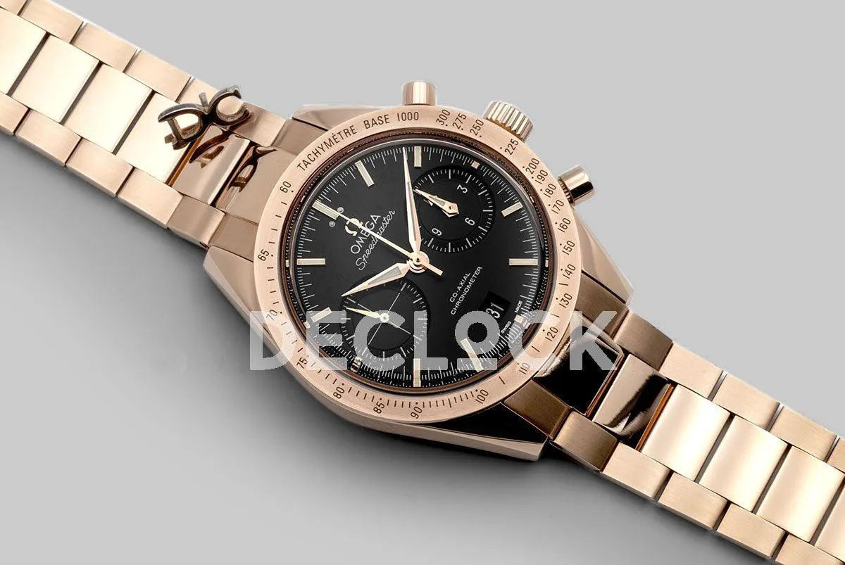 Replica Omega Speedmaster ’57 Co-Axial Black Dial in Rose Gold on Bracelet - Replica Watches