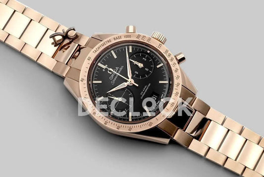 Replica Omega Speedmaster ’57 Co-Axial Black Dial in Rose Gold on Bracelet |  Declock.
