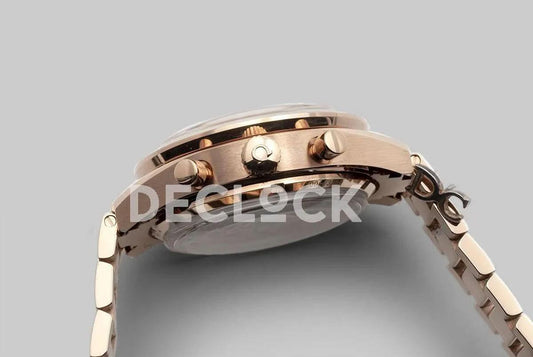 Replica Omega Speedmaster ’57 Co-Axial Black Dial in Rose Gold on Bracelet | Declock.