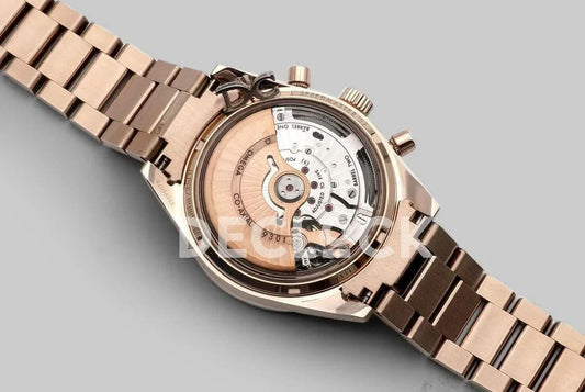 Replica Omega Speedmaster ’57 Co-Axial Black Dial in Rose Gold on Bracelet | Declock.