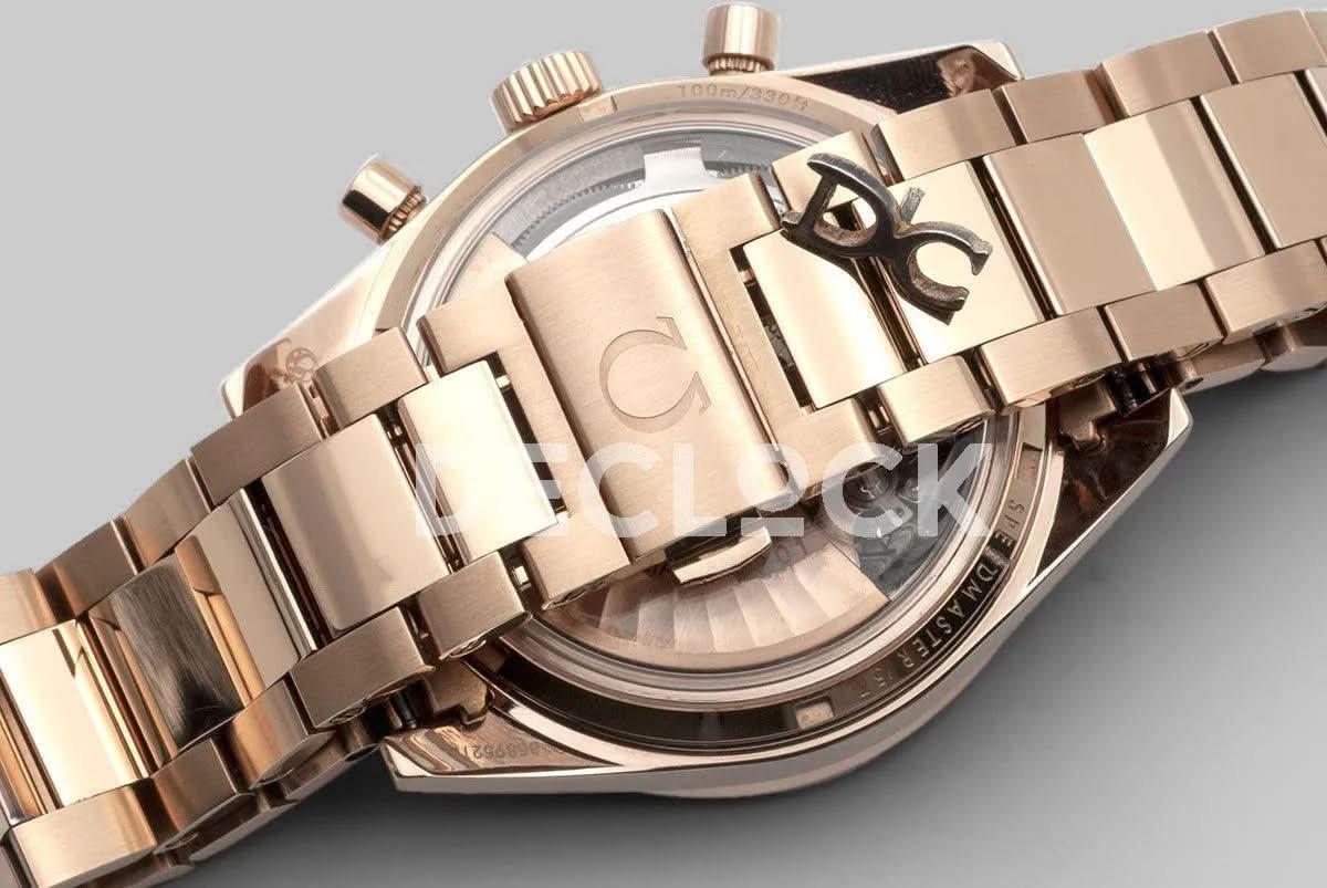 Replica Omega Speedmaster ’57 Co-Axial Black Dial in Rose Gold on Bracelet |  Declock.