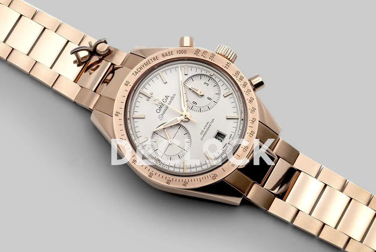 Replica Omega Speedmaster ’57 Co-Axial White Dial in Rose Gold on Bracelet - Replica Watches