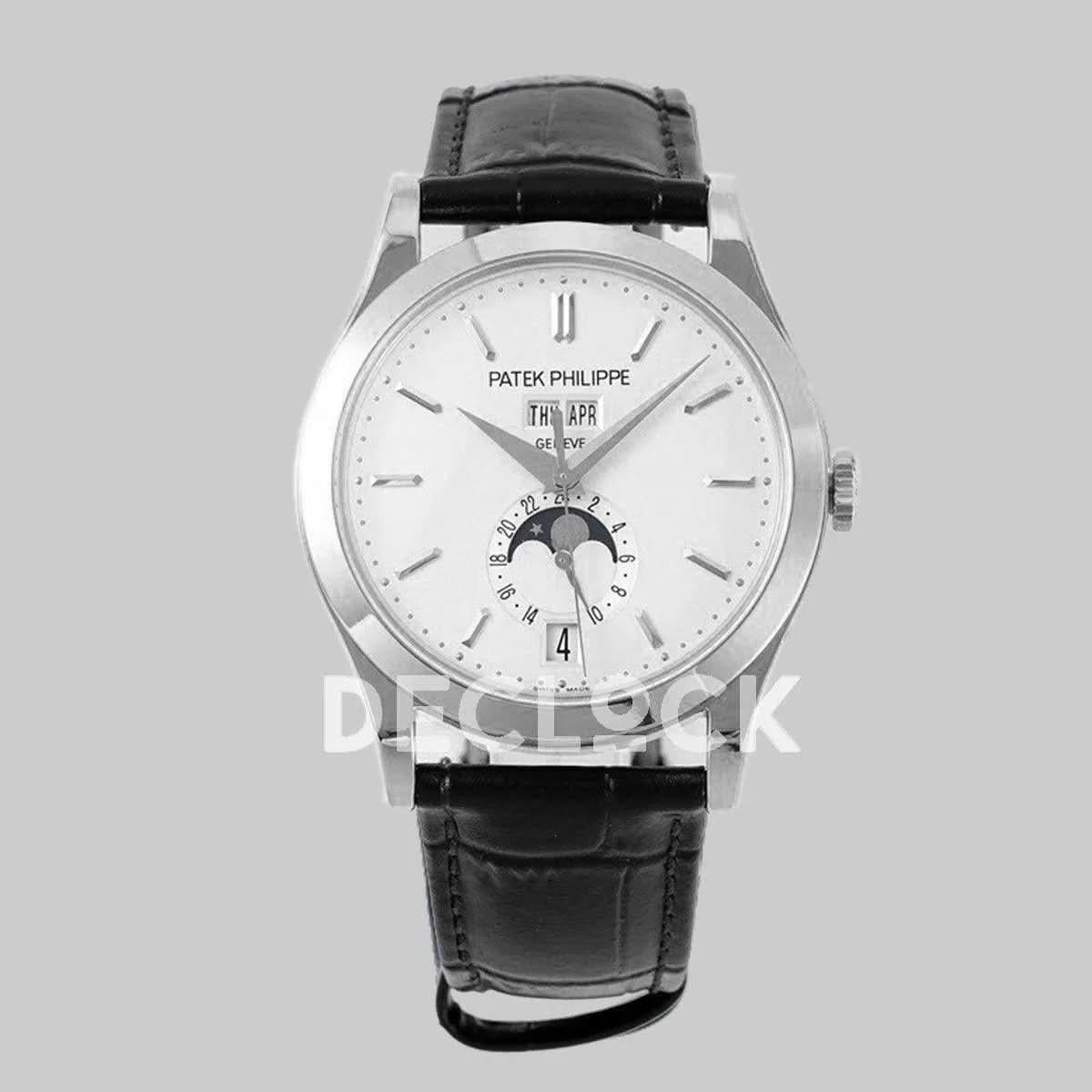 Replica Pattek Philippe Annual Calendar Moonphase 5396 White Dial on Black Leather Strap |  Declock.