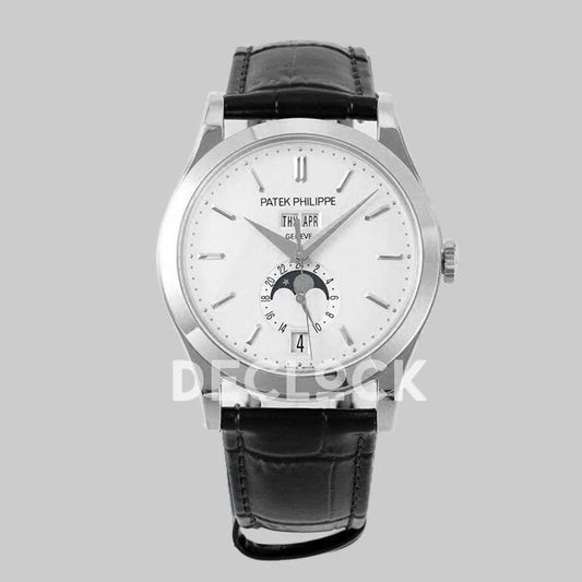 Replica Pattek Philippe Annual Calendar Moonphase 5396 White Dial on Black Leather Strap |  Declock.