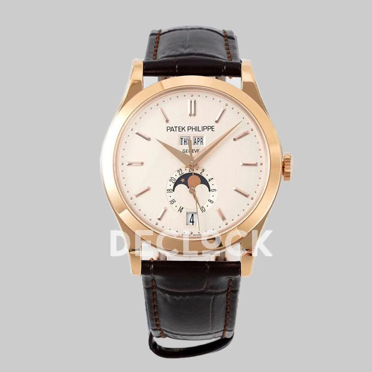 Replica Pattek Philippe Annual Calendar Moonphase 5396 White Dial on Black Leather Strap |  Declock.