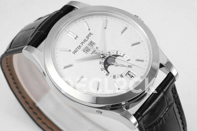 Replica Pattek Philippe Annual Calendar Moonphase 5396 White Dial on Black Leather Strap